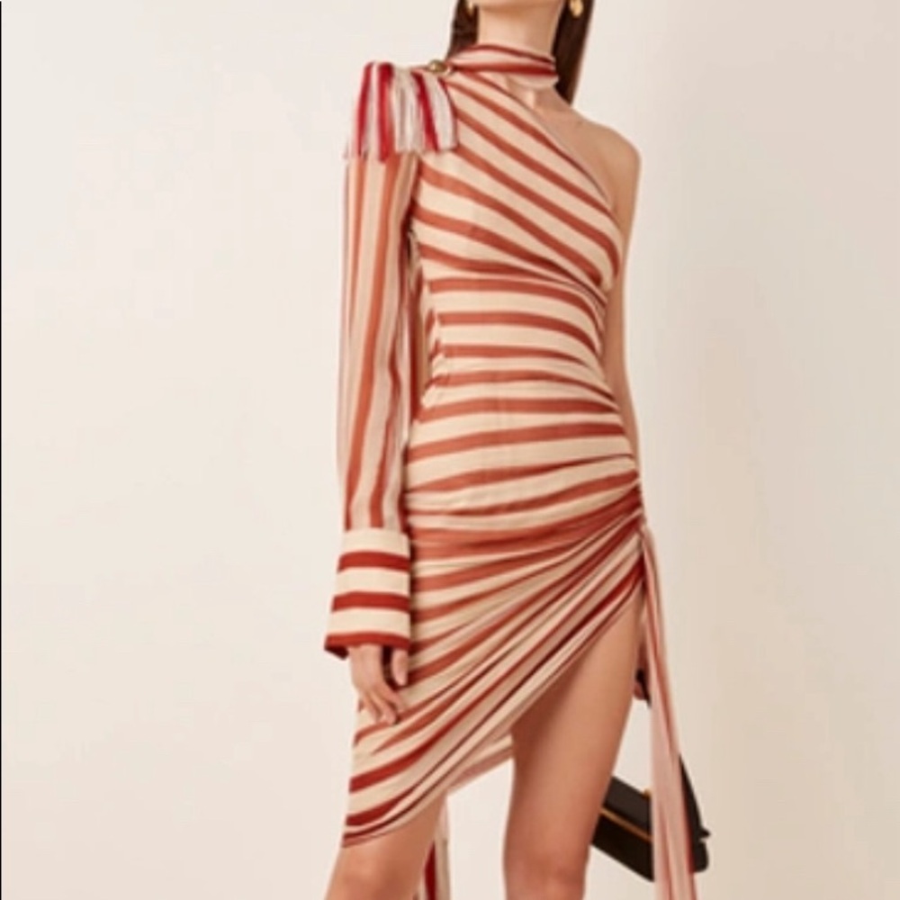 Never worn: MONSE One-sleeve Tie-neck Fringed Striped Plissé Silk-chiffo…